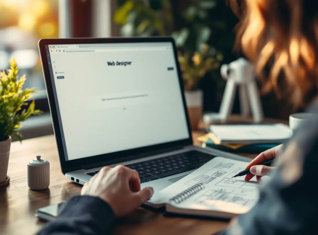 A designer sketching website wireframes in a notebook beside an open laptop