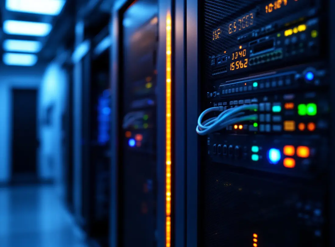 Server racks with glowing status lights in a clean server room
