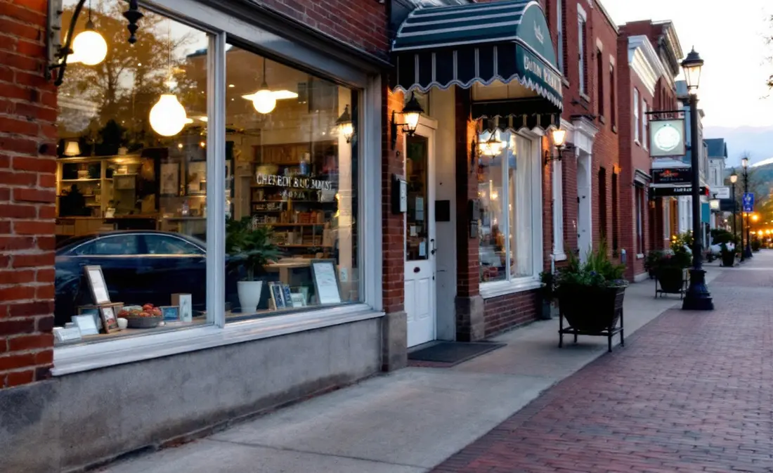 A warmly lit small-town storefront on a brick main street at dusk